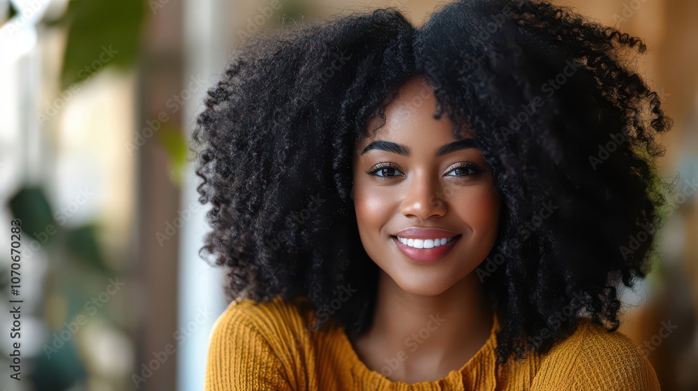 Joyful Woman with Curly Hair Smiling Brightly Joyful Woman with Curly Hair Smiling Brightly