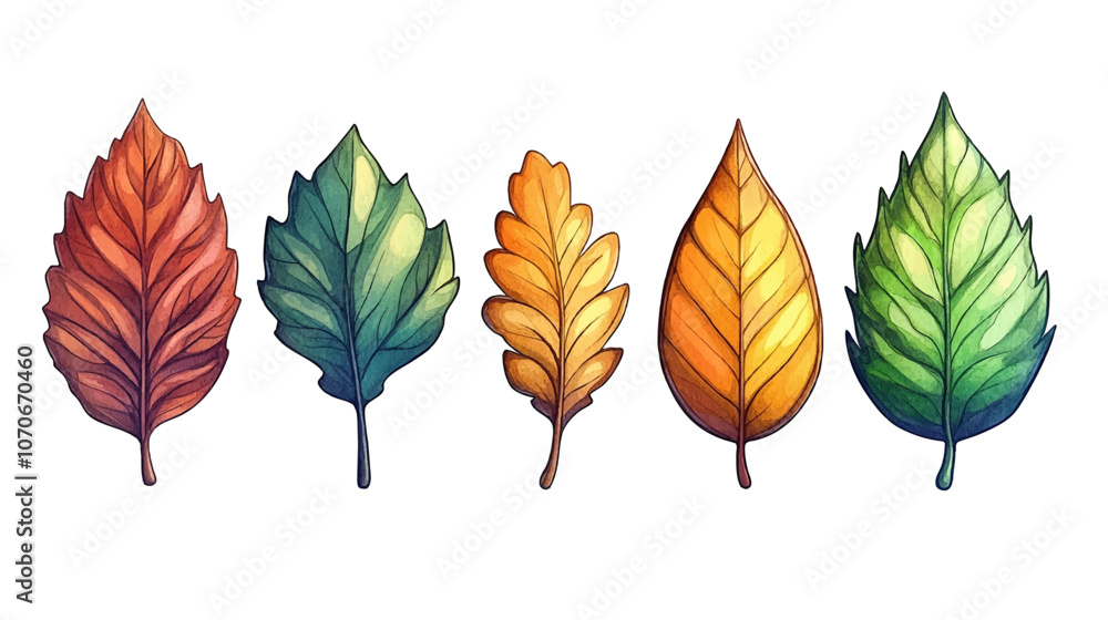 Fototapeta premium Beautiful watercolor autumn leaves collection with vibrant shades of orange, red, and yellow. Perfect for seasonal vector designs, invitations, artistic celebrating beauty of fall. Dry leaves set.