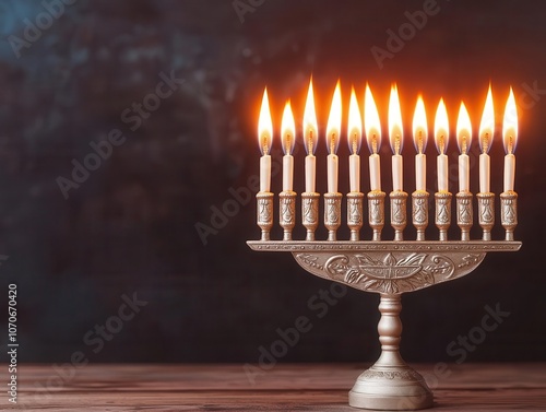 A beautifully lit menorah with multiple flames, symbolizing the Jewish holiday of Hanukkah, set against a dark background.