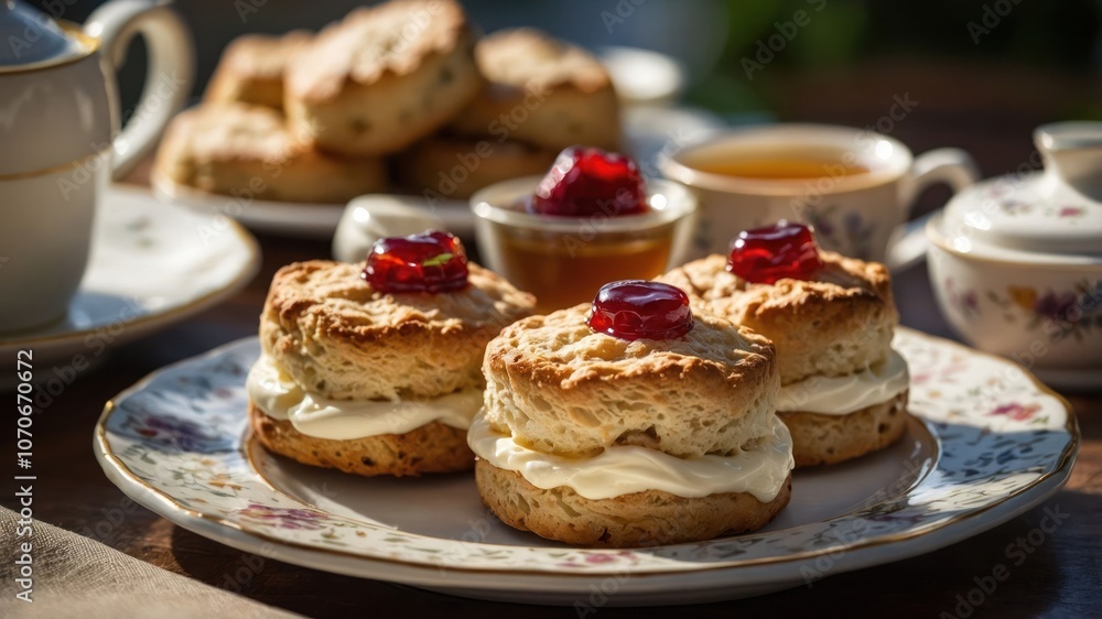 A delightful afternoon tea setting featuring scones with cream and jam. A delightful afternoon tea setting featuring scones with cream and jam.