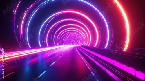 A vibrant and futuristic tunnel illuminated by glowing neon purple and pink lights, creating a mesmerizing effect.