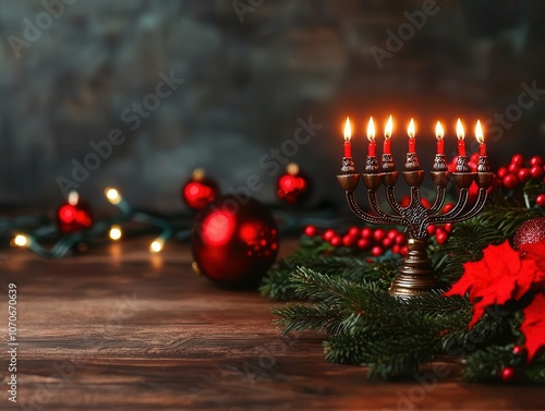 A beautifully arranged holiday scene featuring a menorah with lit candles, surrounded by festive ornaments and greenery, evoking warmth and celebration. photo