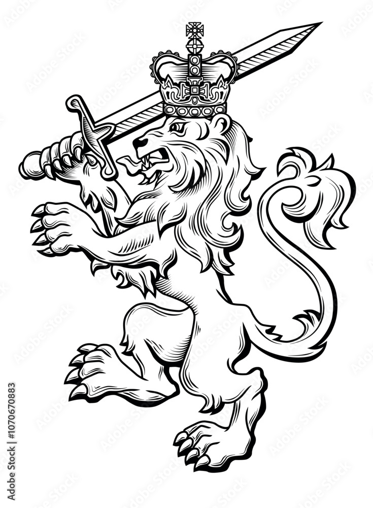 Obraz premium Lion with Crown on Head Stands on Hind Legs, Armed with a Sword. Figure in Profile. Medieval Engraving. Element for Heraldic Design, Coats of Arms