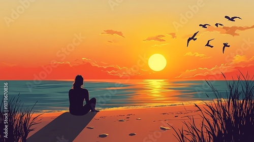a 2D cartoon illustration of a person watching the sunset on a beach, peaceful and relaxing, white background--ar 16:9
