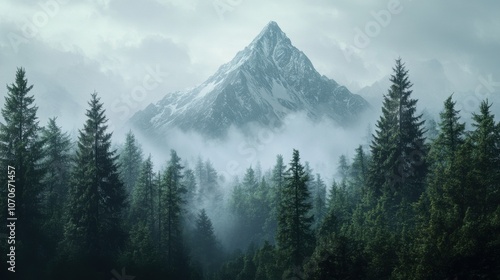 Majestic mountain peak rising above a misty forest, creating a serene and mystical atmosphere.