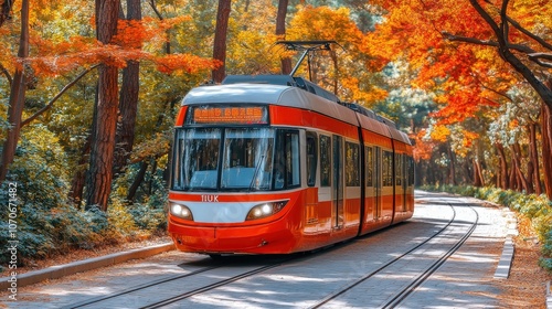 view of a red tram in the forest, with autumn landscape