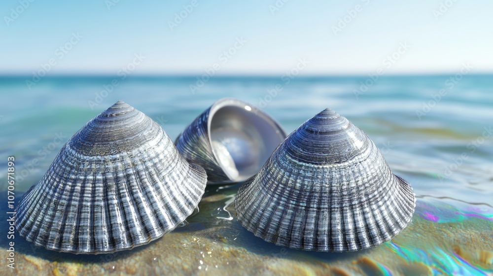 Three beautifully patterned seashells resting on sandy beach, with gentle waves in the background, evoking a serene seaside atmosphere. Three beautifully patterned seashells resting on sandy beach, with gentle waves in the background, evoking a serene seaside atmosphere.
