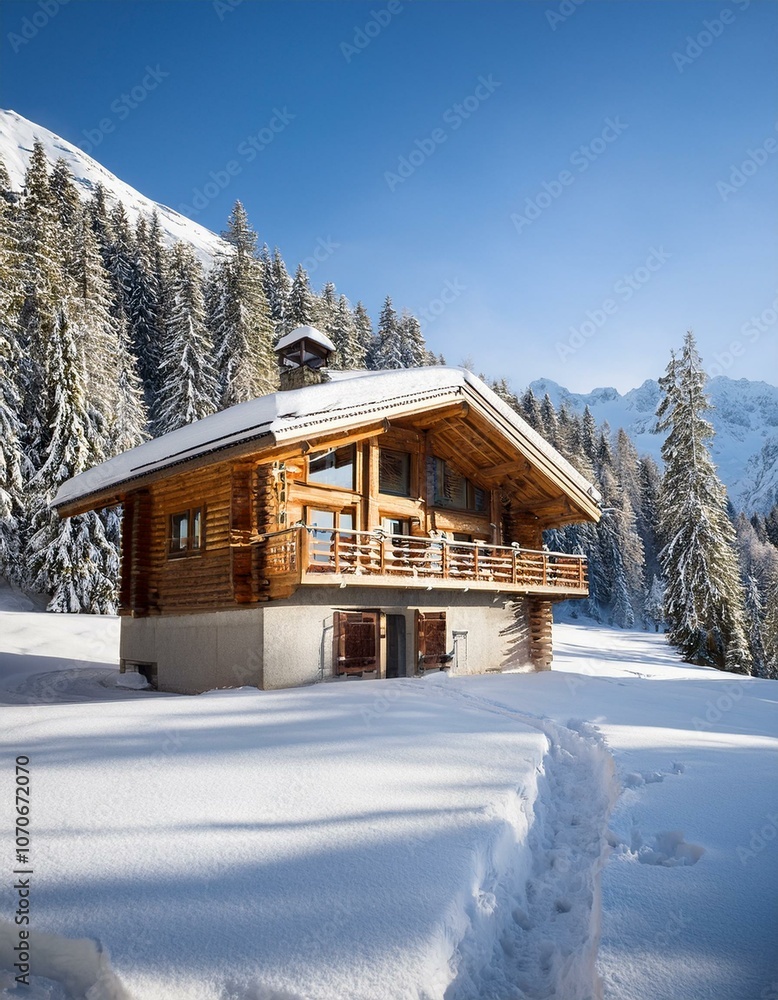 wooden chalet house in winter, real estate in Alps wooden chalet house in winter, real estate in Alps