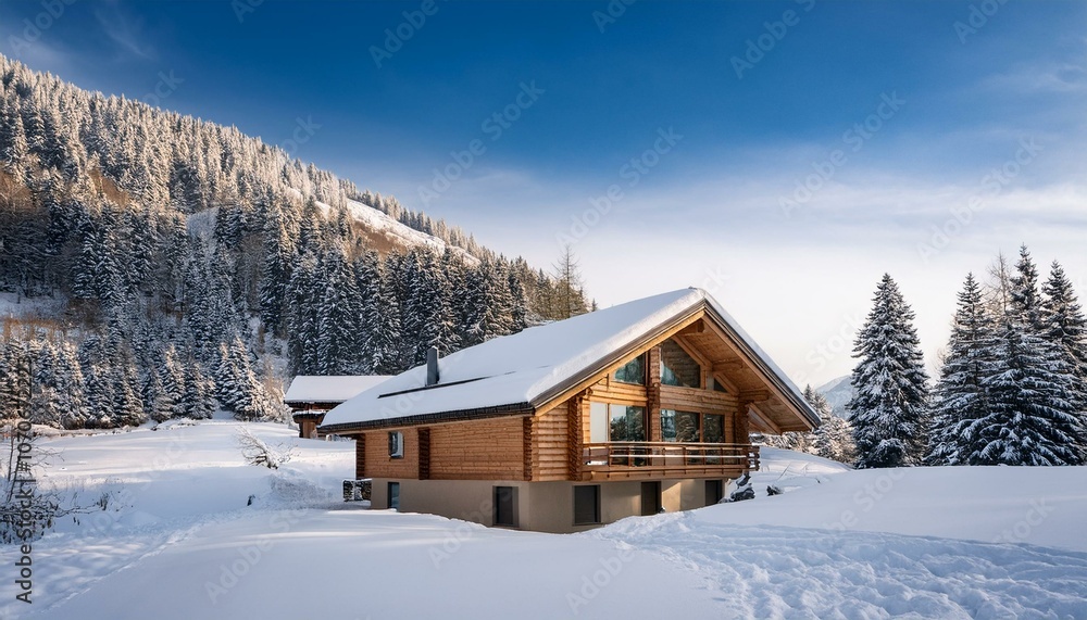 wooden chalet house in winter, real estate in Alps wooden chalet house in winter, real estate in Alps