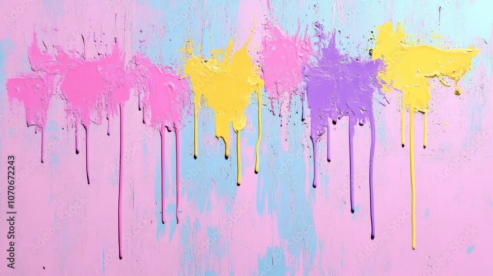 Fototapeta premium Colorful abstract paint drips create a vibrant, artistic backdrop in shades of pink, yellow, and purple.