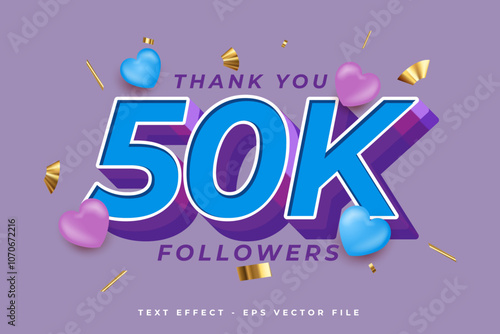 Thank you to fifty thousand followers. Vector thank you template with colored 3d style design for networking and subscribers