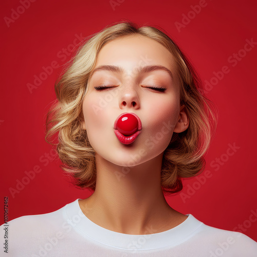 Woman with red candy in her mouth on a vibrant red background