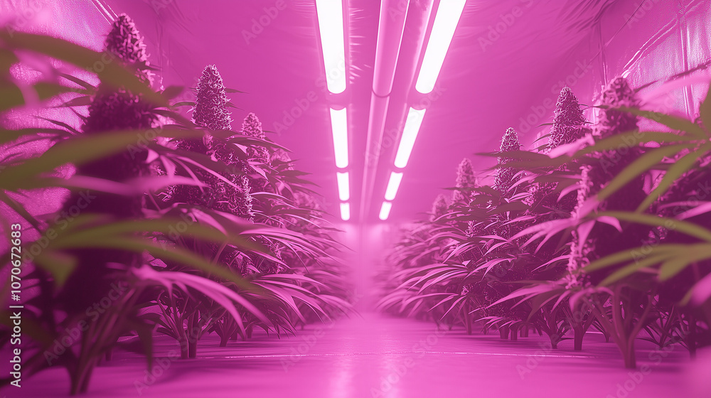 Rows of cannabis plants under pink LED grow lights in an indoor hydroponic setup Rows of cannabis plants under pink LED grow lights in an indoor hydroponic setup
