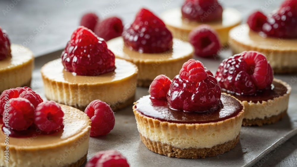 A close-up of mini cheesecakes topped with fresh raspberries, showcasing a delicious dessert. A close-up of mini cheesecakes topped with fresh raspberries, showcasing a delicious dessert.