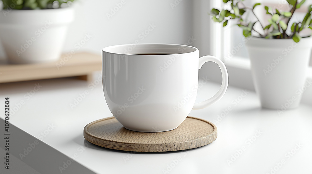 Minimalist white coffee cup on wooden coaster in bright interior, soft natural light, houseplant in background Minimalist white coffee cup on wooden coaster in bright interior, soft natural light, houseplant in background