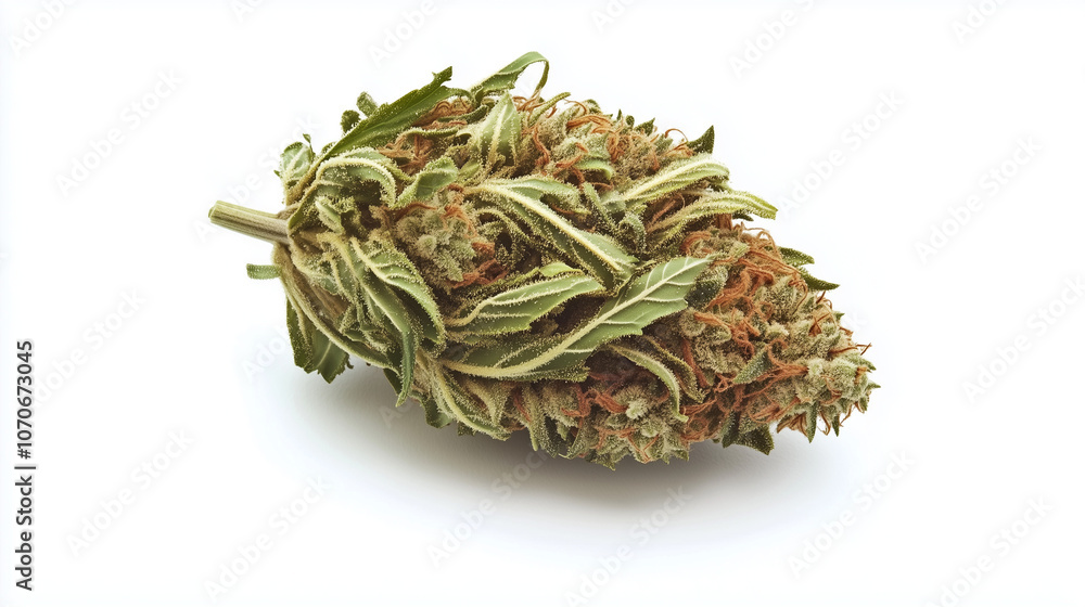 Close-up of dried cannabis bud with visible trichomes and orange hairs on a white background Close-up of dried cannabis bud with visible trichomes and orange hairs on a white background