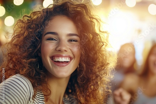 A woman with curly hair is smiling and looking at the camera