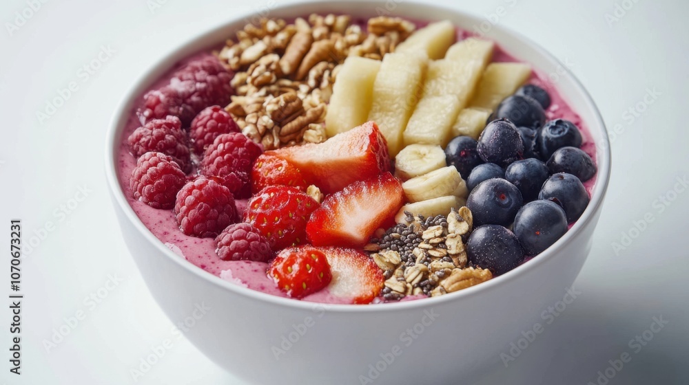 A vibrant smoothie bowl topped with fresh fruit, granola, and nuts, offering a healthy and colorful breakfast option. A vibrant smoothie bowl topped with fresh fruit, granola, and nuts, offering a healthy and colorful breakfast option.