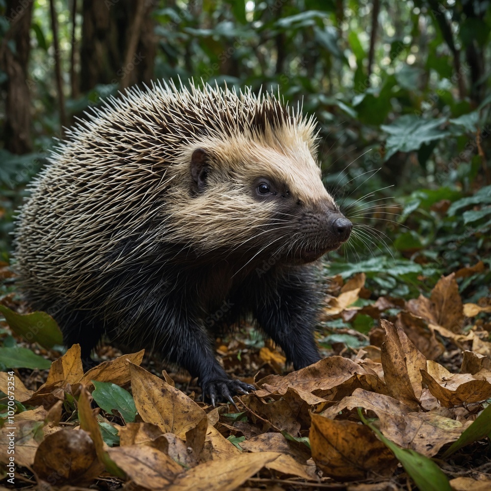 A porcupine snuffling through fallen leaves in a jungle setting.
A porcupine snuffling through fallen leaves in a jungle setting.