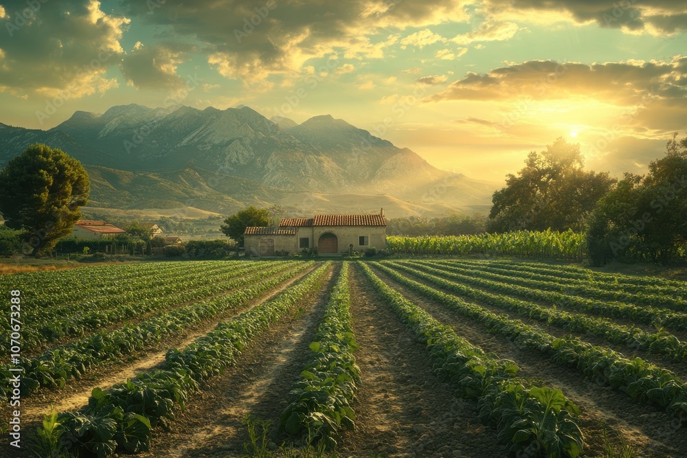 Fototapeta premium Serene Farmland at Sunrise with Rows of Vegetables