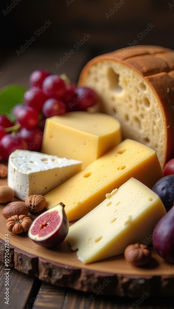 A wooden board with a variety of cheeses and fruits on it A wooden board with a variety of cheeses and fruits on it