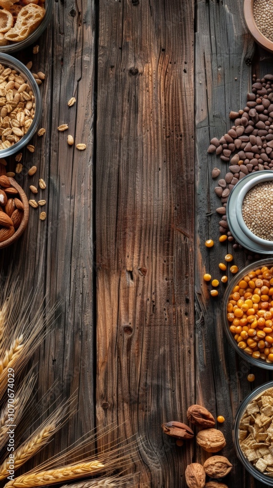 Assorted nuts, seeds, cereals on wooden surface with bowls, cups. Wheat stems add rustic vibe. Warm and tranquil atmosphere with rich brown tones. Assorted nuts, seeds, cereals on wooden surface with bowls, cups. Wheat stems add rustic vibe. Warm and tranquil atmosphere with rich brown tones.