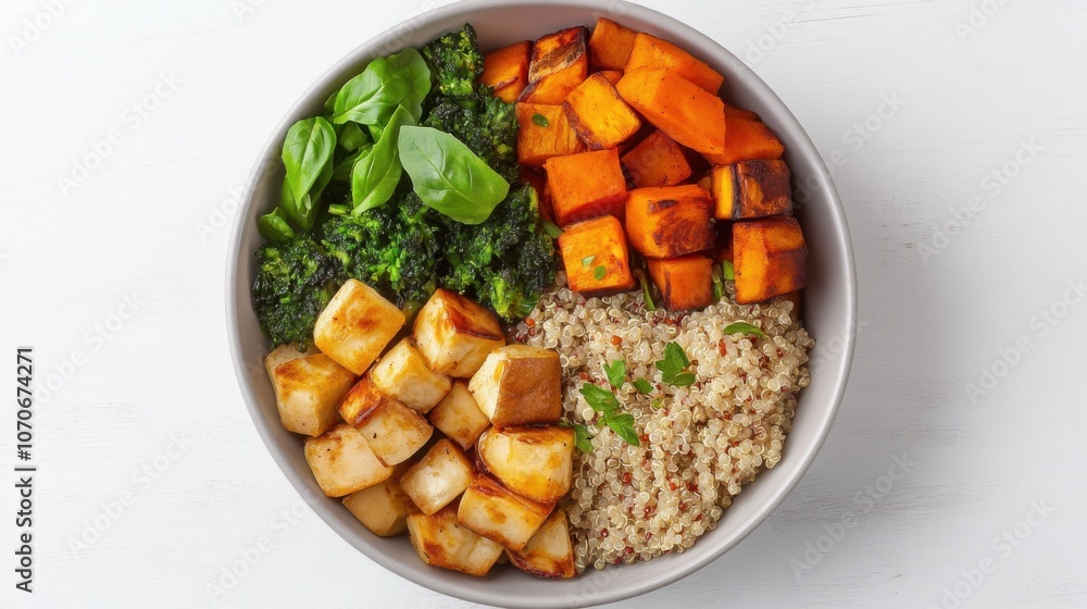 A colorful bowl filled with roasted vegetables, quinoa, and fresh greens, showcasing a healthy and vibrant meal option. A colorful bowl filled with roasted vegetables, quinoa, and fresh greens, showcasing a healthy and vibrant meal option.