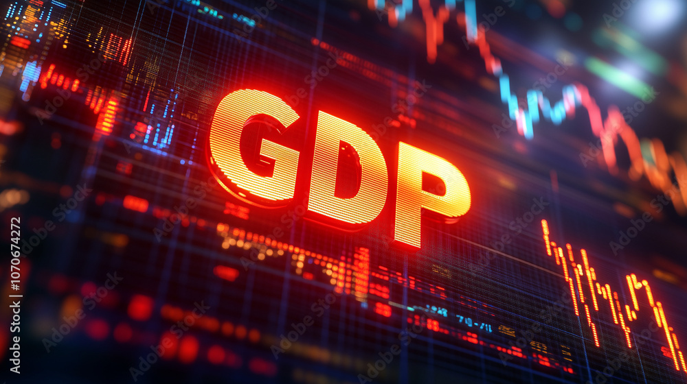 GDP - Gross Domestic Product sign in 3D letters on a background of stock market charts with Japanese candlesticks and reflections, 3D rendering GDP - Gross Domestic Product sign in 3D letters on a background of stock market charts with Japanese candlesticks and reflections, 3D rendering