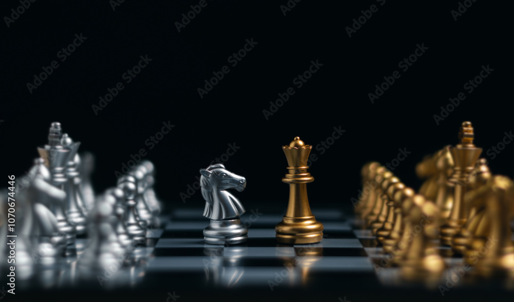Close-up of knight and queen facing each other on a chessboard during a game. Concept of business competition, trade strategy, marketing, business leadership for success Close-up of knight and queen facing each other on a chessboard during a game. Concept of business competition, trade strategy, marketing, business leadership for success