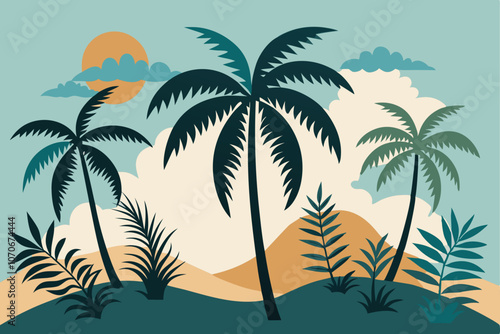 Hand drawn tropical palm trees. Vector set of hawaii beach palm tree, fern and frond outline, botany flora tropical