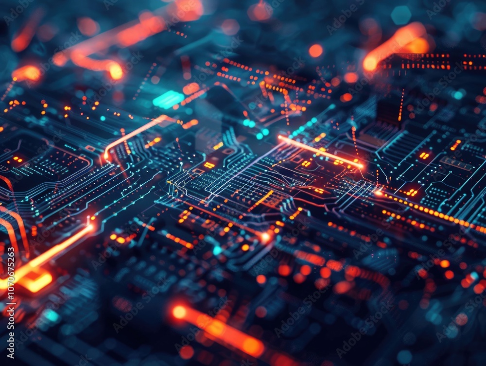 Digital Circuit Board with Red Light Pathways Digital Circuit Board with Red Light Pathways