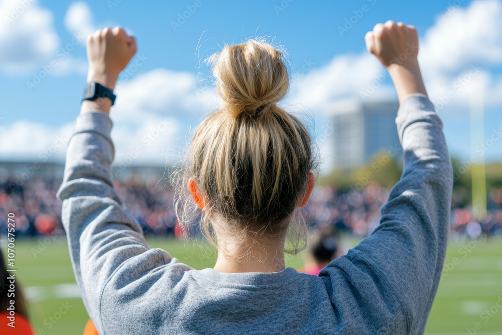 A woman with a ponytail is holding her hands up in the air A woman with a ponytail is holding her hands up in the air