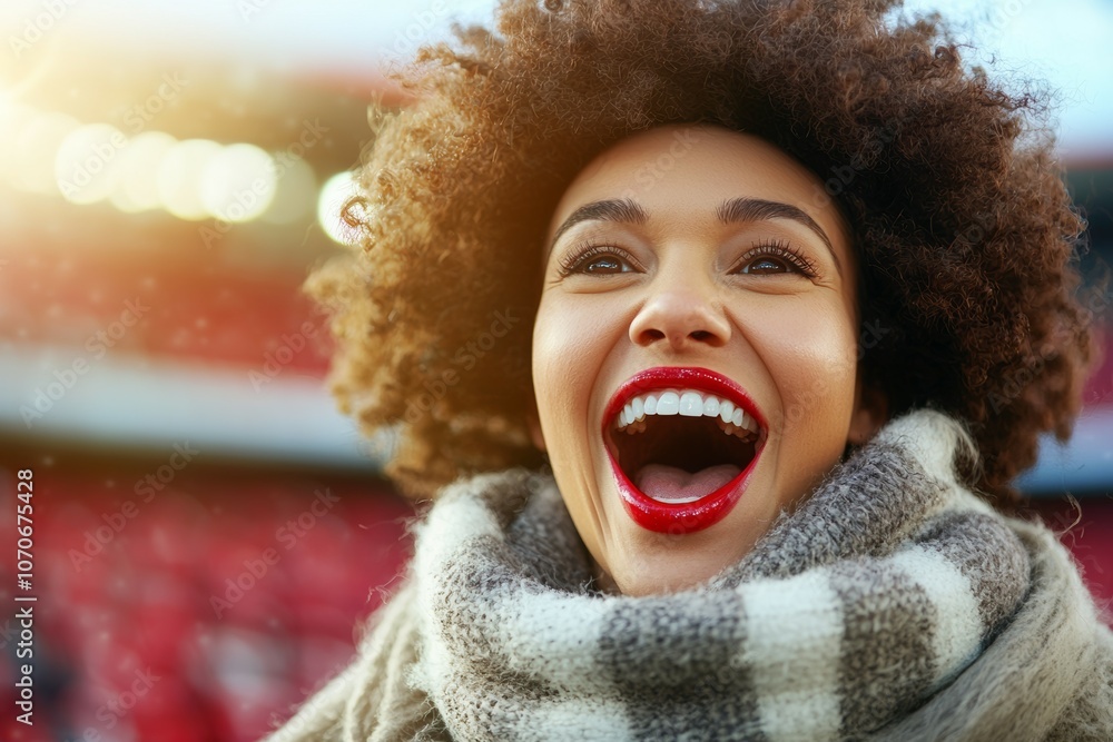 A woman with a red lip and a scarf on her head is smiling A woman with a red lip and a scarf on her head is smiling