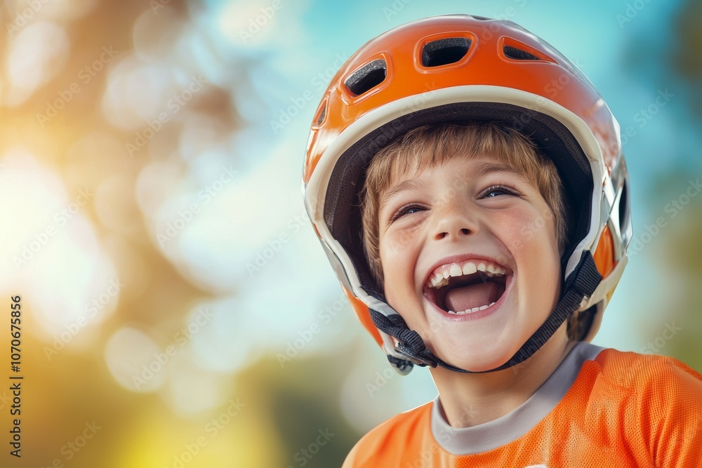A young boy wearing an orange helmet is smiling and laughing A young boy wearing an orange helmet is smiling and laughing