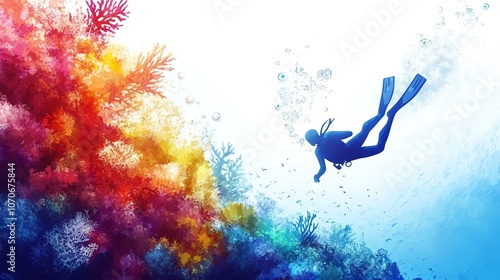 a 2D cartoon illustration of a person snorkeling in clear blue water, tropical and fun, white background--ar 16:9 photo