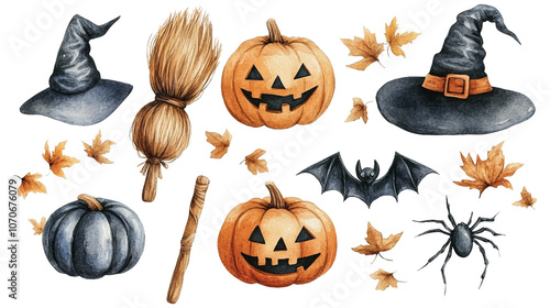 A set of pumpkins, witch broom, hat, bat, spider for Halloween, hand painted in watercolor. Illustration for the design of postcards, banners for Halloween. Scary with isolated on a white background.