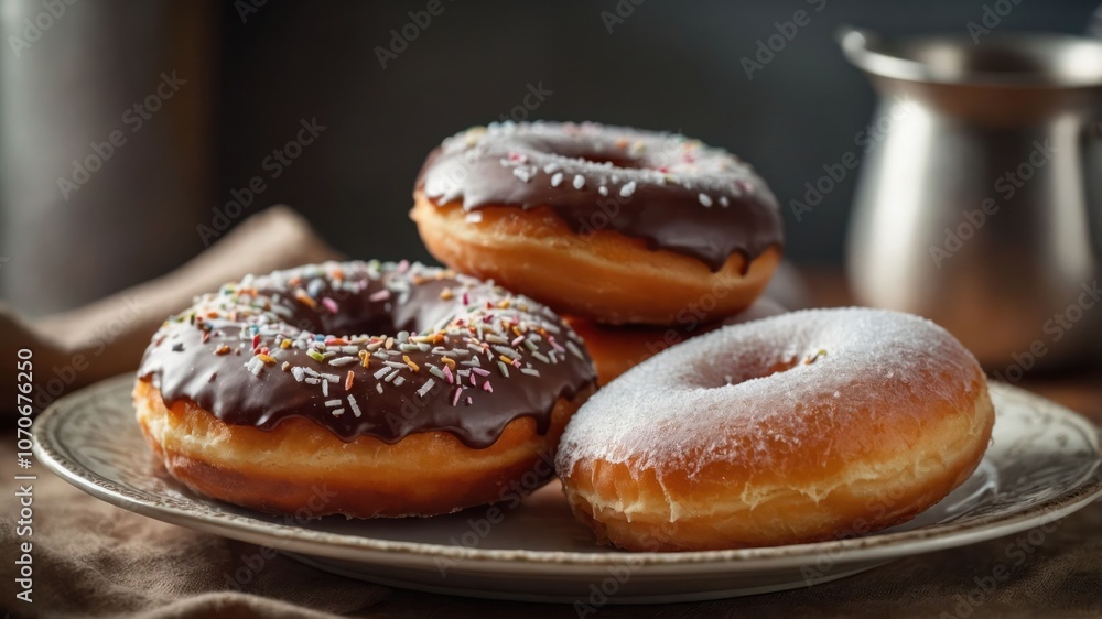 A plate of assorted donuts, featuring chocolate-covered and powdered varieties. A plate of assorted donuts, featuring chocolate-covered and powdered varieties.