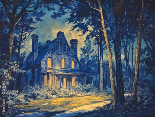 Creepy House In Dark Woods - 1920s Pulp Art