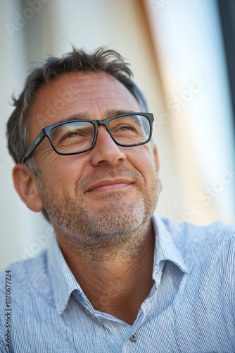 Man in glasses gazes thoughtfully upward, capturing a moment of contemplation and introspection.