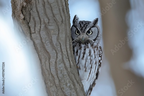 Snowy owl with piercing eyes sits on a tree trunk in a cold forest, watching. photo