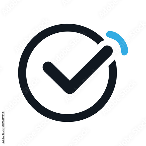 Checkmark Icon with Circular Blue Accent, Modern black checkmark inside a circle with a blue accent line, symbolizing approval, completion, and efficiency.
