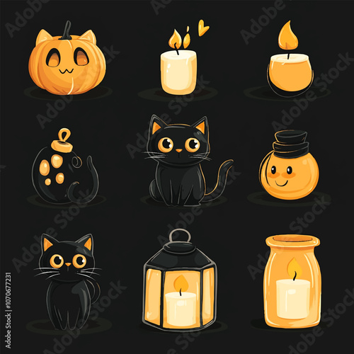 Halloween pumpkin, witch hat, cute black cat, sweet candy, flying bat. 3d vector render poster elements. Vampire magician party invite sticker. Happy scary character for fall gift. Horror realistic.