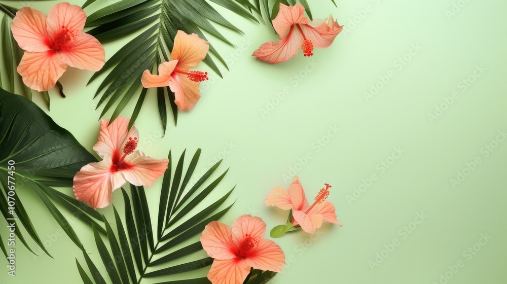 Obraz premium Tropical Floral Wall Decoration - Pink Hibiscus with Palm Leaves