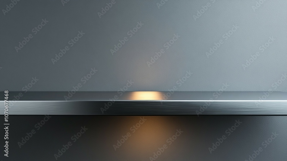 Empty stainless steel shelf illuminated by a spotlight, positioned on a gray kitchen counter. Empty stainless steel shelf illuminated by a spotlight, positioned on a gray kitchen counter.