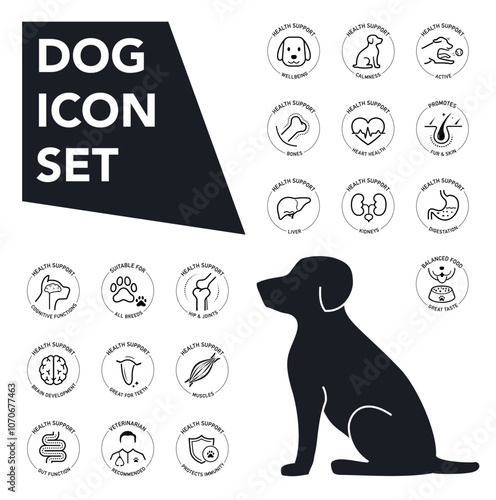 Icon set components of a dog's health. The main advantages from a balanced food or supplement. Each icon is designed with lines and a modern aesthetic, making them perfect for pet health products. EPS