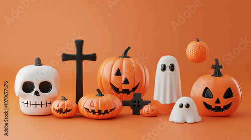Happy Halloween Sale Discount Background with Pumpkin Jack-O-Lantern, Witch Hat, Ghosts, and Spooky Decorations. Perfect for Trick or Treat Celebrations, Holiday Parties, and October 31st Festivities.