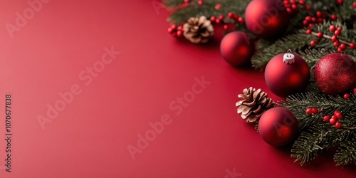 Wallpaper Mural This vibrant Christmas setup features a collection of red ornaments and pine cones arranged with foliage on a solid backdrop ideal for seasonal celebrations and greetings Torontodigital.ca