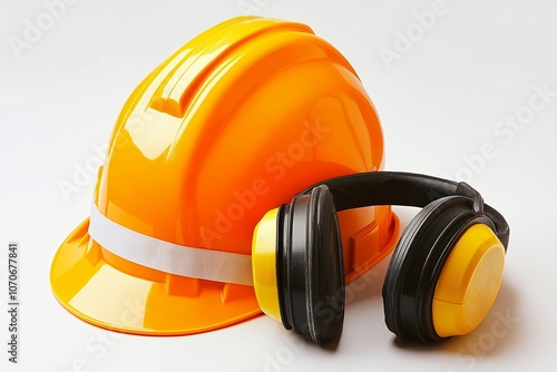 Safety helmet and earmuffs highlighted on a white backdrop, emphasizing workplace protection. photo