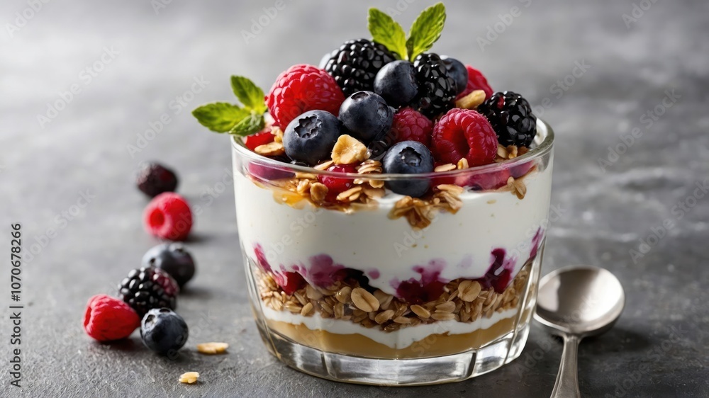 A delicious parfait layered with yogurt, granola, and fresh berries, garnished with mint. A delicious parfait layered with yogurt, granola, and fresh berries, garnished with mint.