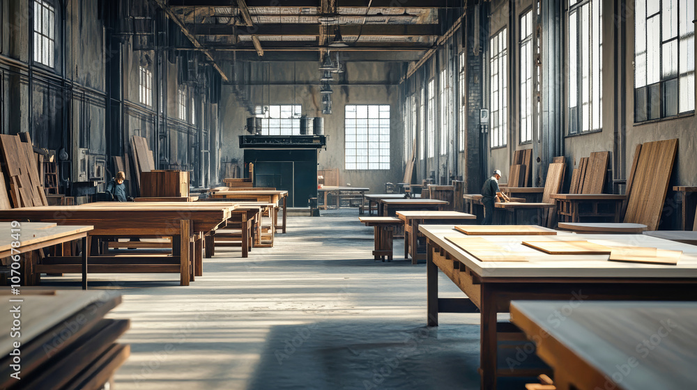 An expansive woodworking shop with empty workbenches and tools, ideal for carpentry tasks in a large factory setting An expansive woodworking shop with empty workbenches and tools, ideal for carpentry tasks in a large factory setting